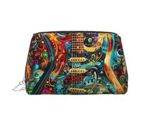 Art Guitar Pattern Print Premium Leather Toiletry Travel Pouch with Waterproof Portable Pouch Open Flat Makeup Bag