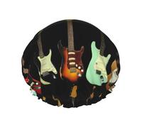 Art Guitar Pattern Print Shower Cap, Lined Shower Cap For Women Reusable, Double Layer Waterproof Bath Cap