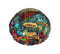 Art Guitar Pattern Print Shower Cap, Lined Shower Cap For Women Reusable, Double Layer Waterproof Bath Cap