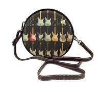 Art Guitar Pattern Round Leather Shoulder Bag for Women with Detachable Strap, Stylish Crossbody Circle Purse