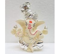 Art India Silver Chandan Ceramic Ganesh Idol For Car Dashboard Small Ganesha Murti Ganpati Idol For Home Decor Puja Lord Ganesh Statue Gift For Office Desk Puja Room Figurine 3 Inches, Idol