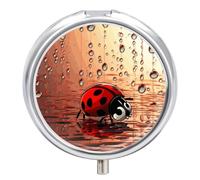 Art Ladybug Tracks Metal Pill Organizer, 3 Compartment Waterproof Pill Case with Mirror for Purse Pocket Bag, Daily Medicine Vitamin Holder, Portable Travel Med Container(Round)