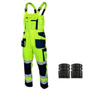 ART.MAS Hi-Vis Bib and Brace Overalls Yellow Class 2 Visibility Work Dungarees with Reflective Bands - Comfort & Safe Construction Railway Highway Workwear (38/40 Inch - 56 EU, WITH Knee Pads)