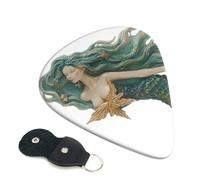 Art mermaid Guitar Picks 6 Pcs, 0.96mm Thickness Celluloid Plectrum with Leather Picks Holder, Personalized Guitar Pick for Bass Electric Acoustic Guitars Lovers Gift