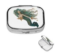 Art Mermaid Pill Box 2 Compartment Square Portable Pill Case for Pocket or Purse Small Weekly Medicine Planner Travel Pillbox with Mirror Decorative Metal Vitamin Holder Gifts