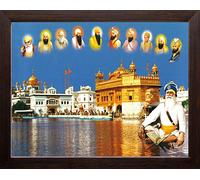 Art n Store All Ten Sikh Gurus and Golden Temple, HD Printed Religious & Decor Picture Painting with Plane Brown Frame (30 X 23.5 X 1.5 cm_ Brown Wood)