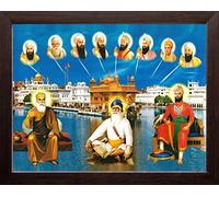 Art n Store All Ten Sikh Gurus and Golden Temple, HD Printed Religious & Decor Picture with Plane Brown Frame (30 X 23.5 X 1.5 cm_ Brown Wood)