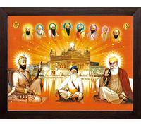 Art n Store All Ten Sikh Gurus and Golden Temple, HD Printed Religious & Wall Decor Painting with Plane Wood Frame (30 X 23.5 X 1.5 CM_ Brown Wood)