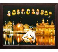 Art n Store: Baba Deep Singh ji with All Ten Sikh Gurus and Golden Temple in Amritsar, HD Printed Wall Decor Picture with Frame for Home, Office, Brown Wood (Small Size - 7 x 9 inches)