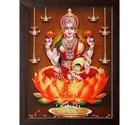 Art n Store Goddess of Wealth, Maa Laxmi Showering Money HD Printed Religious & Decor Poster Painting with Brown Frame (30 X 23.5 X 1.5 cm_ Brown Wood)