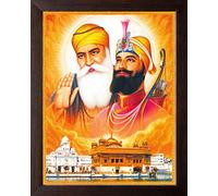 Art n Store Guru Nanak Dev ji with Guru Gobind Singh ji and Golden Temple HD Printed Religious & Decor Picture with Plane Wood Frame (30 X 23.5 X 1.5 cm_ Brown Wood)