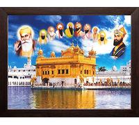 Art n Store Ten Sikh Gurus and Golden Temple HD Printed Religious & Decor Picture Painting with Frame (30 X 23.5 X 1.5 CM_ Brown Wood)