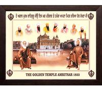 Art n Store Ten Sikh Gurus and Golden Temple HD Printed Religious & Wall Decor with Plane Brown Frame (30 X 23.5 X 1.5 cm_ Brown Wood)
