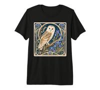 Art Nouveau Barn Owl Blue Iris Floral Design Premium T-Shirt