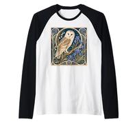 Art Nouveau Barn Owl Blue Iris Floral Design Raglan Baseball Tee