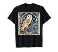 Art Nouveau Barn Owl Blue Iris Floral Design T-Shirt