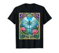 Art Nouveau Dragonfly Lotus Pond Nature Value Graphic T-Shirt, Men, Black, XL