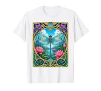 Art Nouveau Dragonfly Lotus Pond Nature Value Graphic T-Shirt, Men, White, S