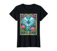 Art Nouveau Dragonfly Lotus Pond Nature Value Graphic T-Shirt, Women, Black, S