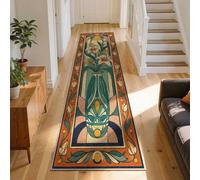 Art Nouveau Hallway Rug 100x300cm Stained Glass Lily Teal Vase Carpet | Vintage Lily Floral Archway Floor Carpet Low-Pile non-shedding Non-Slip Kitchen Runner for Bedroom Bedside Stairs Landing