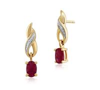 Art Nouveau Oval Ruby & Diamond Drop Earrings in 9ct Yellow Gold