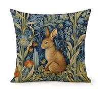 Art Nouveau Rabbit in The Garden Throw Pillow Covers William Morris Forest Rabbit Rustic Accent Toss Pillowcase for Sofa Chair Lake House 22" Square White Cotton Linen with Zipper Wedding Decorations