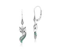 Art Nouveau Style Marcasite, Green and Black Enamel Fox Drop Earrings in Sterling Silver
