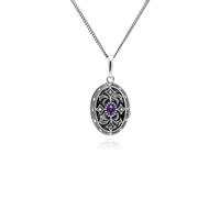 Art Nouveau Style Oval Amethyst & Marcasite Locket Necklace in Sterling Silver