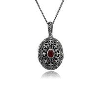Art Nouveau Style Oval Cornelian & Marcasite Locket Necklace Sterling Silver