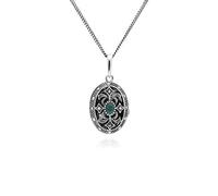 Art Nouveau Style Oval Emerald & Marcasite Locket Necklace in 925 Sterling Silver
