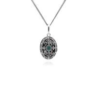 Art Nouveau Style Oval Emerald & Marcasite Locket Necklace in Sterling Silver