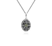 Art Nouveau Style Oval Peridot & Marcasite Locket Necklace in 925 Sterling Silver