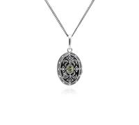 Art Nouveau Style Oval Peridot & Marcasite Locket Necklace in Sterling Silver
