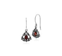 Art Nouveau Style Pear Garnet & Marcasite Drop Earrings in 925 Sterling Silver