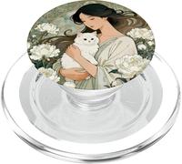 Art Nouveau Woman Holding An Adorable Fluffy White Kitten PopSockets PopGrip for MagSafe