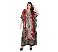 Art of Creation Women Kaftan Dress Maxi Night Gown V-Neck Long Printed Beach Coverup Red Plus Size