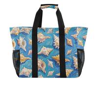 Art Oil Painting Blue Shell Sea Utility Beach Tote Collapsable With Pockets Canvas Beach Totes Bags, Art oil painting blue shell sea, One Size, Fashion