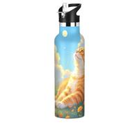 Art Oil Painting Blue Sky Cat Lightweight Kids' Metal Water Bottle with Leak Proof Spout Lid Double-Wall Insulation for Travel, Camping, Sports