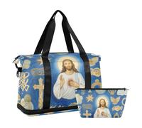 Art Oil Painting Jesus Blue Carry on Bag with Wet Pocket Adjustable Strap Sports Gym Bag for Hiking 2 Pcs Set for Men Women