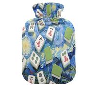 Art Painting Blue Chinese Mahjong Travel hot Water Bottle with Soft Cover, 2L hot compresses for The Body for Tummy Warmer, Tummy Warmer