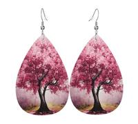 Art Painting Cherry Blossom Tree Leather Earrings for Women | Teardrop Dangle Earrings With Faux Leather Pendant And Silver Plated Hooks, Lightweight Statement Jewelry For Women Girls