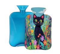 Art Painting Flower Cat Hot Water Bottle with Cover, 2L PVC Hot Water Bag for Pain Relief, Hand Foot Warmer, Hot & Cold Therapy with Removable Cover, Gift for Women Kids Family