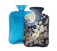 Art Painting Moon Flower Hot Water Bottle with Cover, 2L PVC Hot Water Bag with Soft Cover, Reusable Heating Pad for Pain Relief Warm Hands Waist Abdomen Feet & Bed