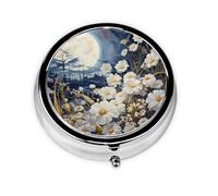 Art Painting Moon Flower Round Pill Box with 3 Compartments, Mini Metal Pill Organizer for Purse or Pocket, Lightweight Portable for Daily Use Gifts Travel