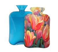 Art Painting Tulip Flower Hot Water Bottle with Cover, 2L PVC Hot Water Bag for Pain Relief, Hand Foot Warmer, Hot & Cold Therapy with Removable Cover, Gift for Women Kids Family