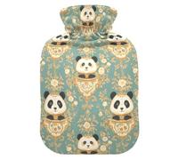 Art Panda Faces Flowers Hot Bottle Water Bag with Soft Cover, 1L Warm Compress for Hand Feet Warmer