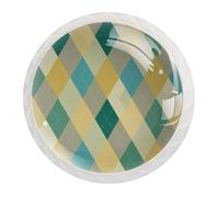 Art Pastel Yellow Sage Green and Teal Argyle Pattern Round Crystal Drawer Dresser Knobs Set of 12, Door Cupboard Wardrobe Hardware Knob with Screws, Home Office Nursery Decor