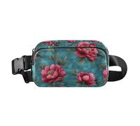 Art Peonies Flower Teal Red Fashionable Fanny Pack Waist Bag for Men Women Large Capacity Crossbody Bag Anti Theft Waist Pack with Adjustable Strap for Cycling Hiking Gym