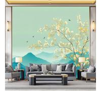 Art Photo Mural Oriental Floral and Birds Mountains 500 x 280 cm Child Non-Woven Premium Art Print Fleece Wall Mural Decoration Poster Picture Design Modern Living Room Bedroom Light Blue Wallpaper