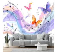 Art Photo Wallpaper 300 X 210 Cm - Non-Woven Premium Art Print Fleece Wall Mural Decoration Poster Picture Design Modern - Pink and Purple Musical Notes Butterflies for Kids Bedroom Living Room